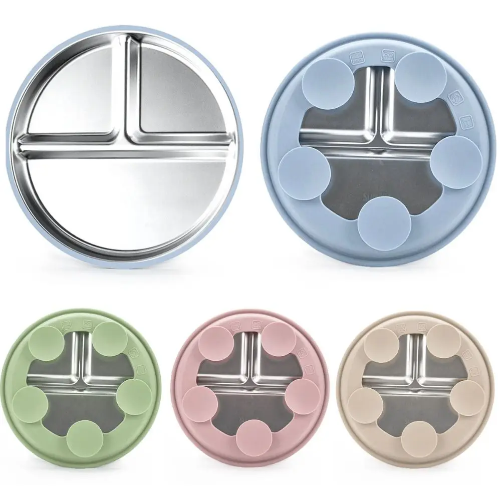 Non-Slip Stainless Steel Kids Plate with Suction Silicone Sleeves Divided Baby Plates Anti Breakage Removable Toddler Bowls