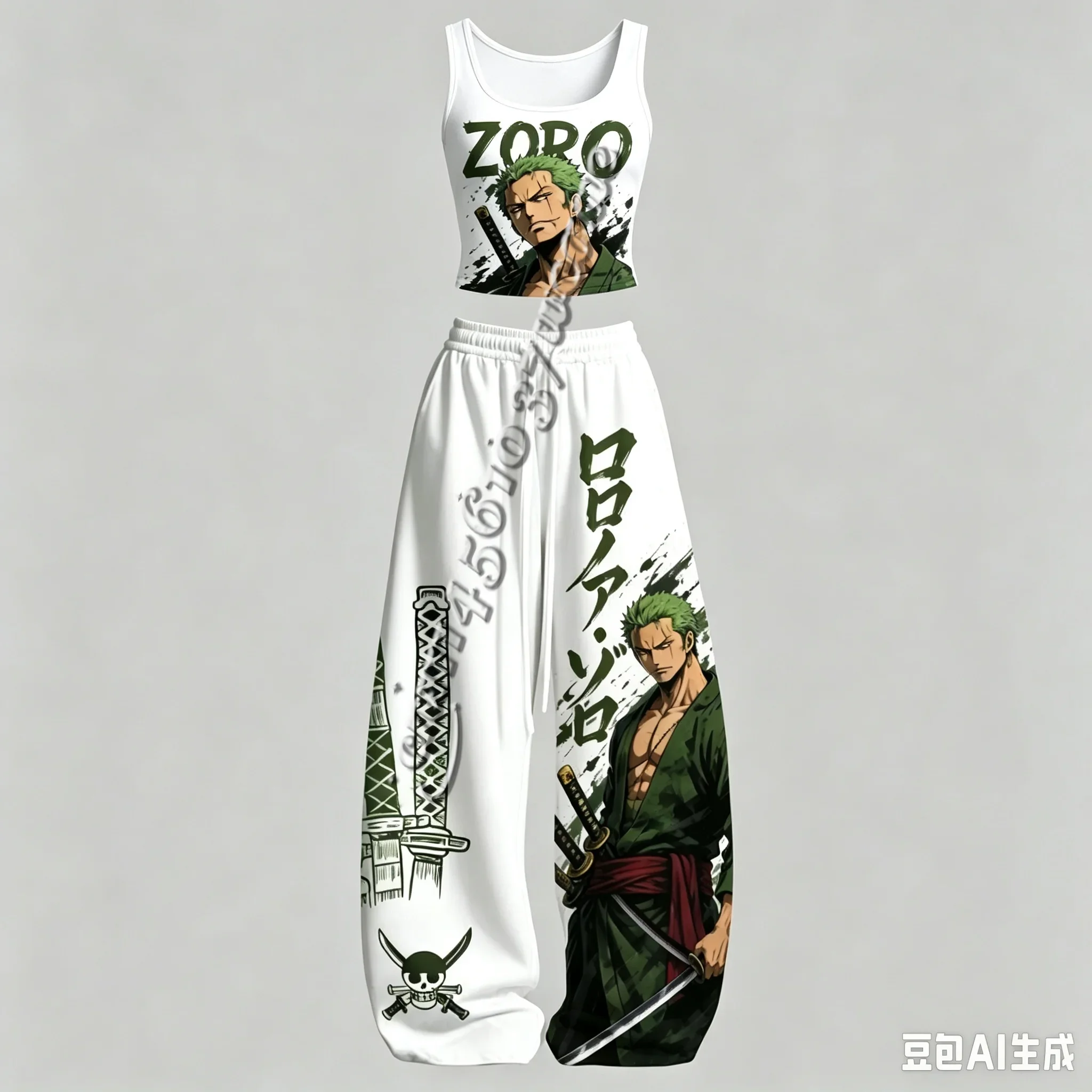 FamilyMatching Neues One Piece Zoro Ace Robin Law Serie Anime-Charakter Tanktop Weite Hose Set Unisex Anime 2-Teiliges Outfit – Detail 4