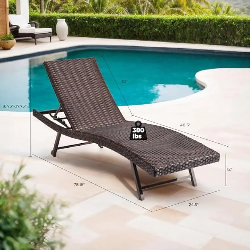 Outdoor Chaise Lounge Chair Set of 2, PE Wicker Lounge Chairs for Outside with Quick Drying Sponge Cushion, Rattan Reclining Cha