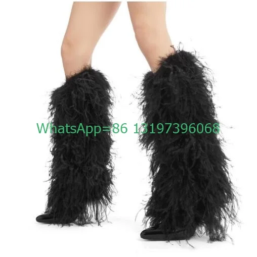 Lady Pointed Toe Yellow Pink Fur Knee Pu Boots Metallic Pu Feather Boots Fur Footwear Rozmiar 35-46 Vintage Fur Party Shoes Boots