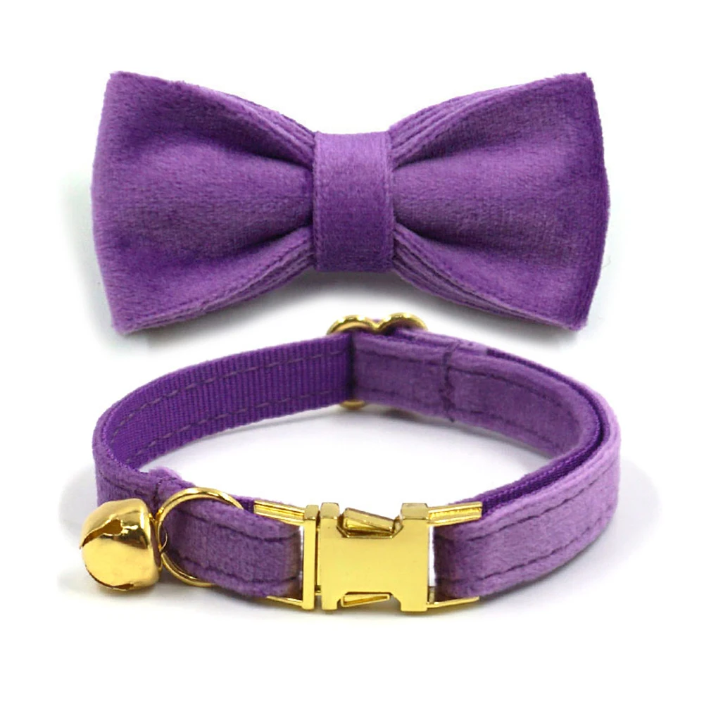 Purple Velvet Personalized Cat Collars With Bell Luxury Metal Buckles Pet Collar with Bow Safe Adjustable Cat Collar Breakaway