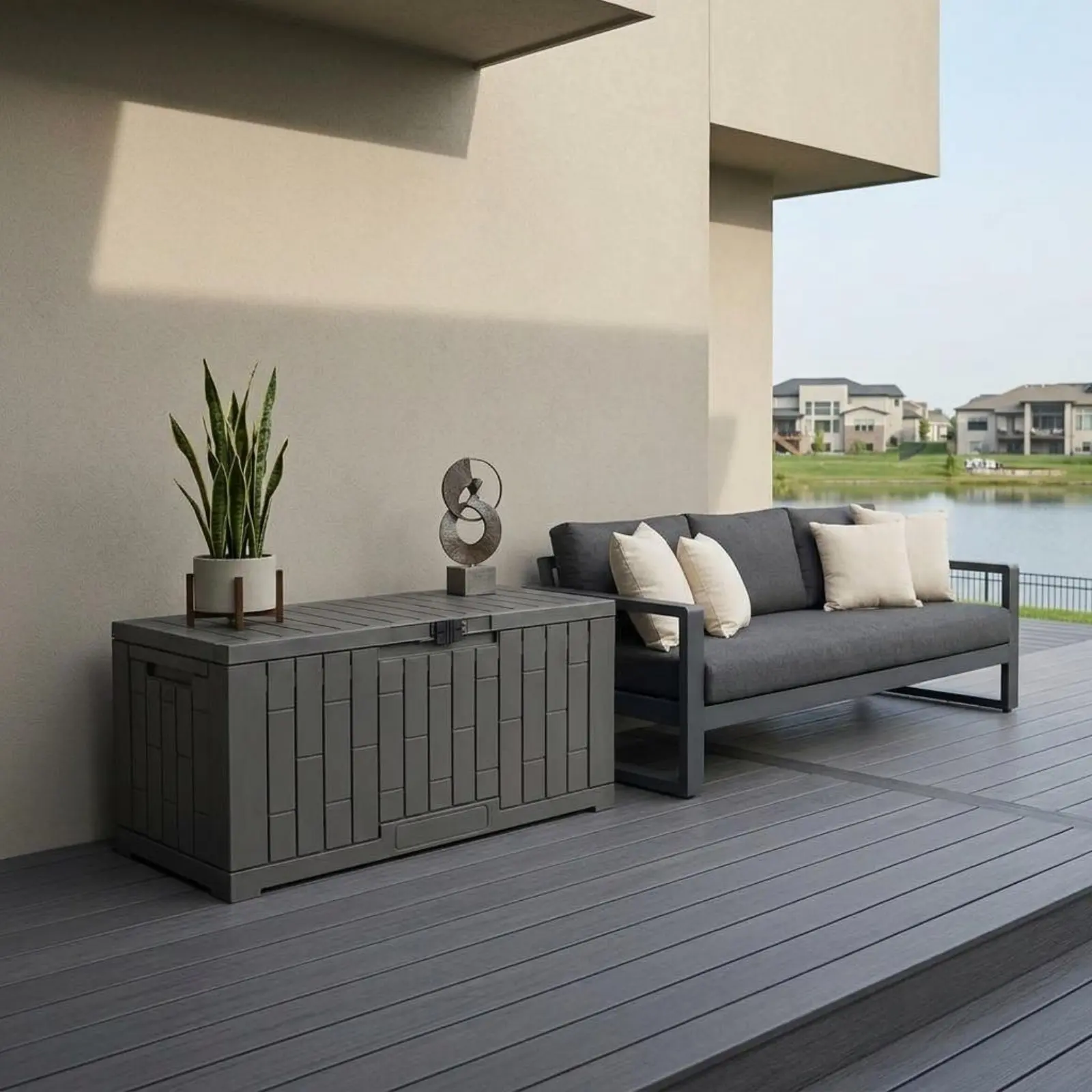 Resin Deck Box Rectangular Outdoor Storage Box Lockable Storage Container Paneled Dark Gray for Patio