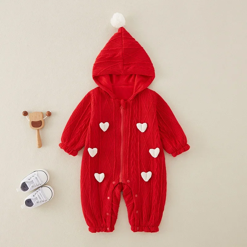

Baby Girl Clothes Newborn Baby Romper Knitted Hooded Jumpsuit with Heart Pattern Autumn Winter Warm 0-14M Baby Christmas Costume