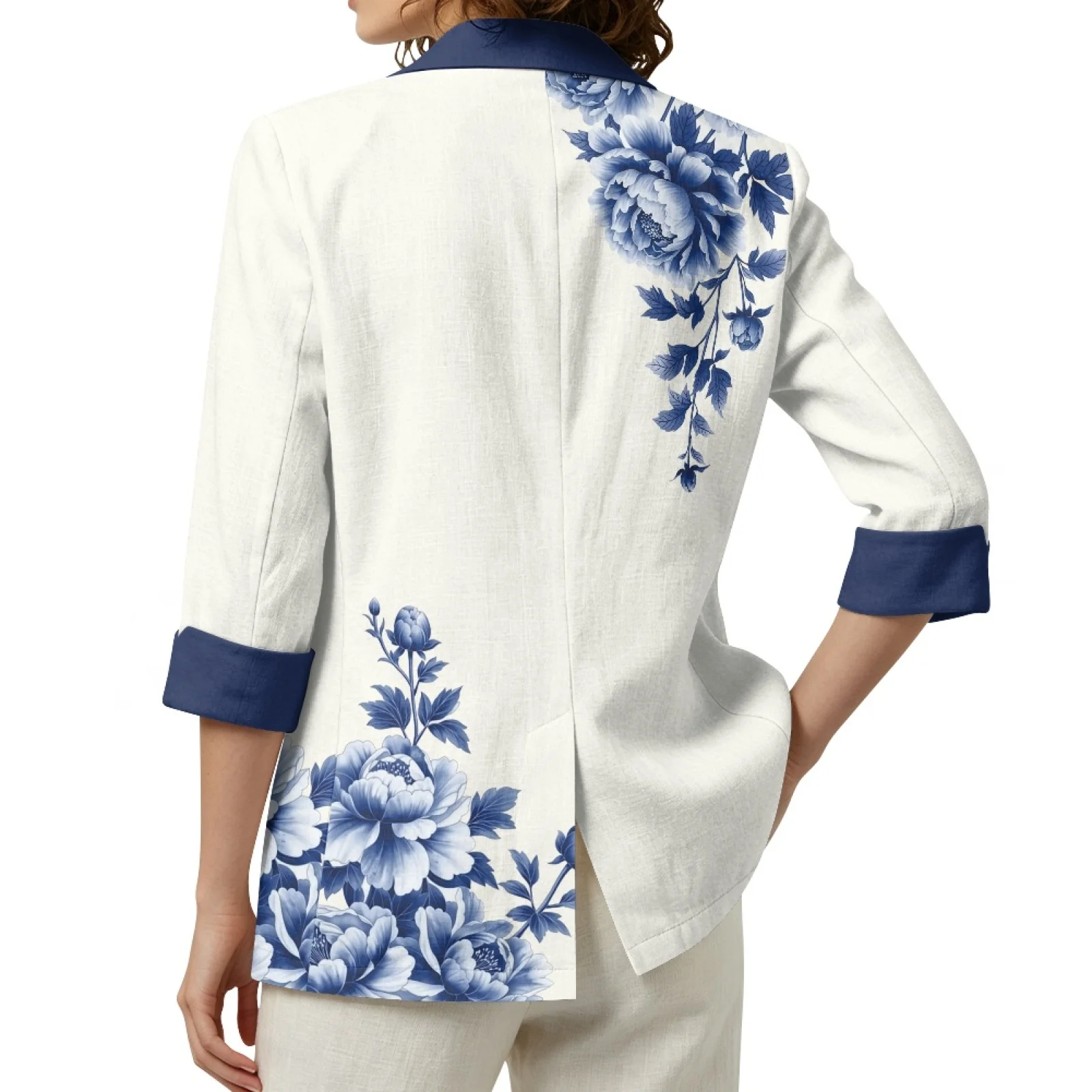 PENSTROLL Blue Peony Butterfly Linen Style Beach Cover Ups Open Front Fall Jackets for Women Sizes S-3XL for Vacation and Lounge