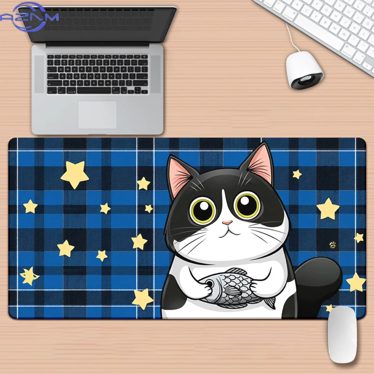 1pc Cat on Blue Stars Pattern HD Printed Pad for Desk, Multi Functional XXL Mousepad, Keyboard Gaming Mouse Mats, Office Compute