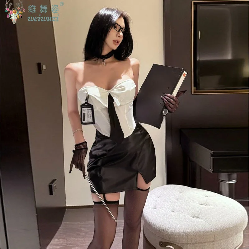 

Sexy Adult Wome PU Leather Skirt Low-Neck Necktie Fishbone Strapless TopsCosplay Costume Office Room Teacher Fashion Pure Desire