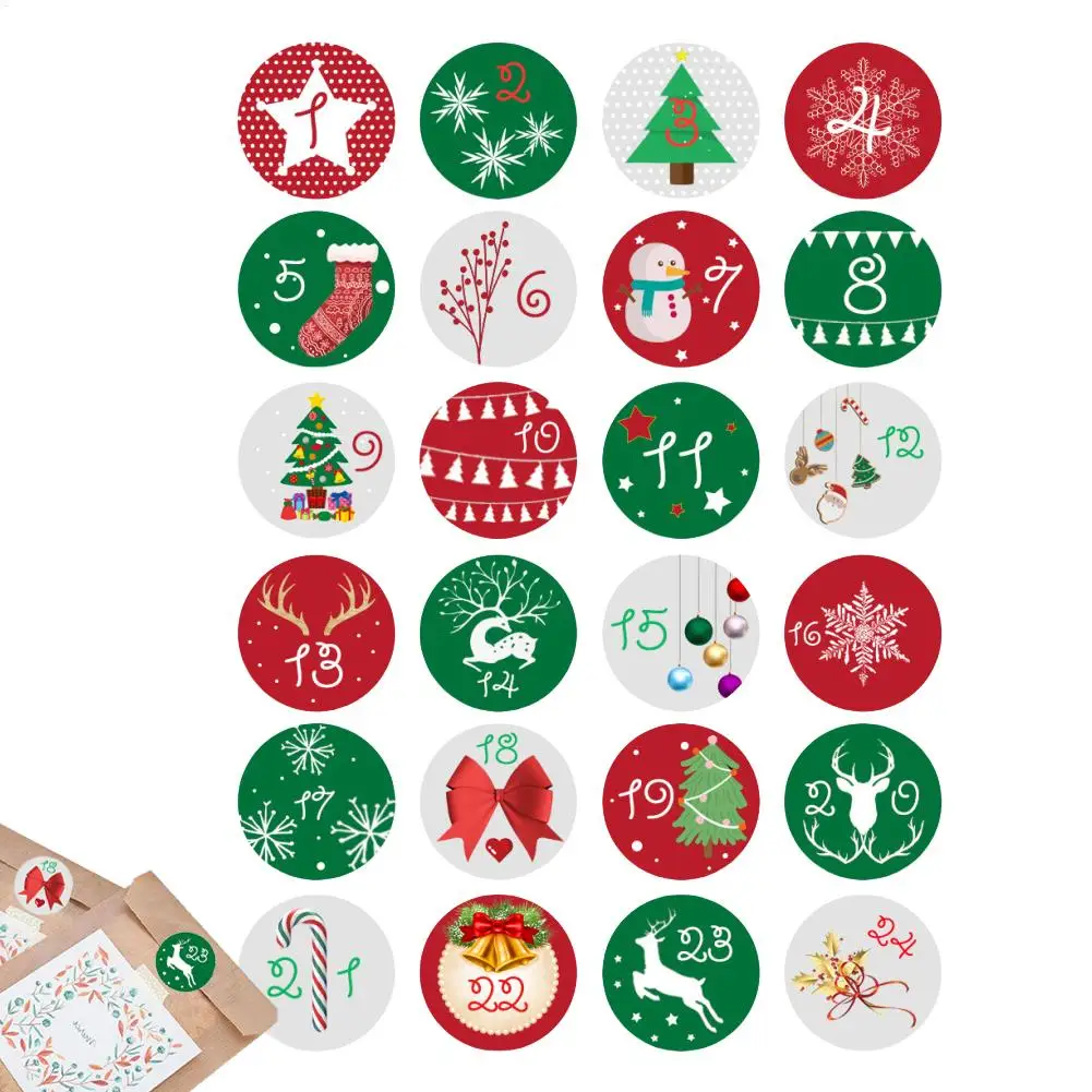 Christmas Circular Stickers 24 Number Stickers Christmas Countdown Stickers Cartoon Character Santa Christmas Month Gift Labels