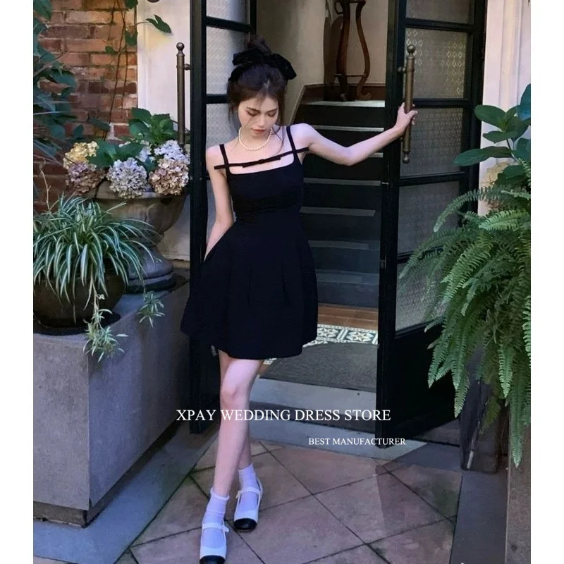 XPAY-Mini Vestido corto de fiesta de cóctel negro, vestido coreano con tirantes finos, falda suave mate para eventos nocturnos, sesión de fotos de verano, lindo y encantador