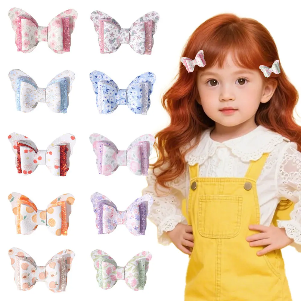 

50 Pcs/Lot, 2.79" Synthetic Leather Glitter Butterfly Bow Hair Clips For Children Girls Hair Accessories