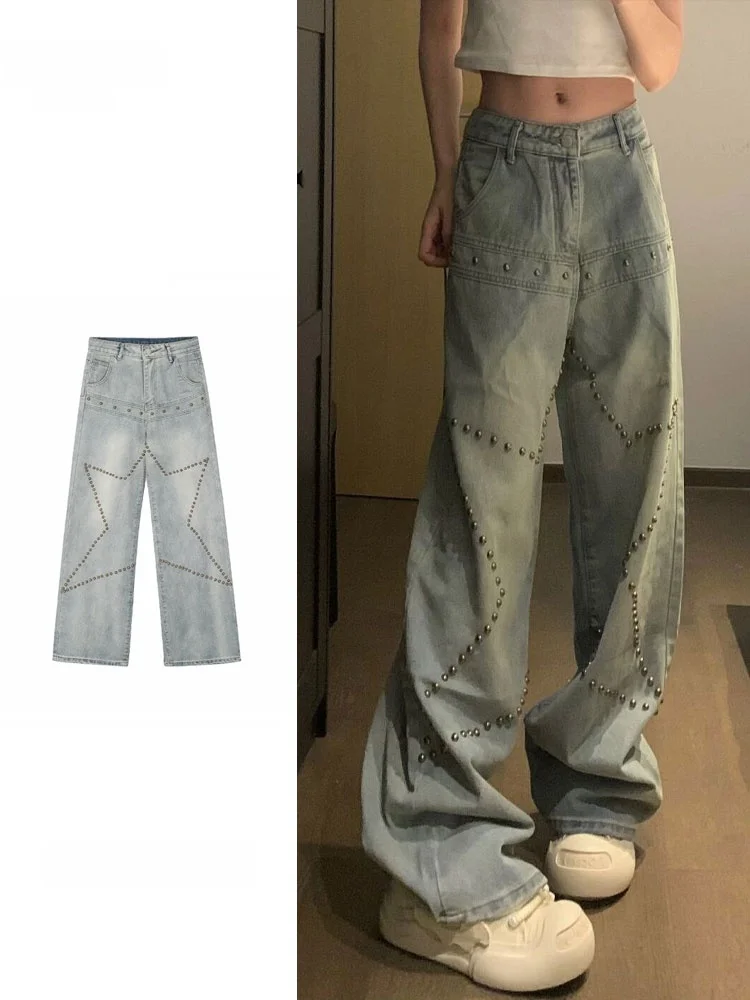 Washed Denim Jeans Women Loose Fitting Star Nail Design Summer New High Waist Wide Leg Pants Casual Streetwear Floor-Length