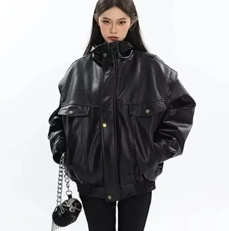 Vintage Women Leather Jacket Korean Style Oversized Women Coat Spring PU Windbreaker Loose Aviator Jacket Unisex Faux Fur Coat