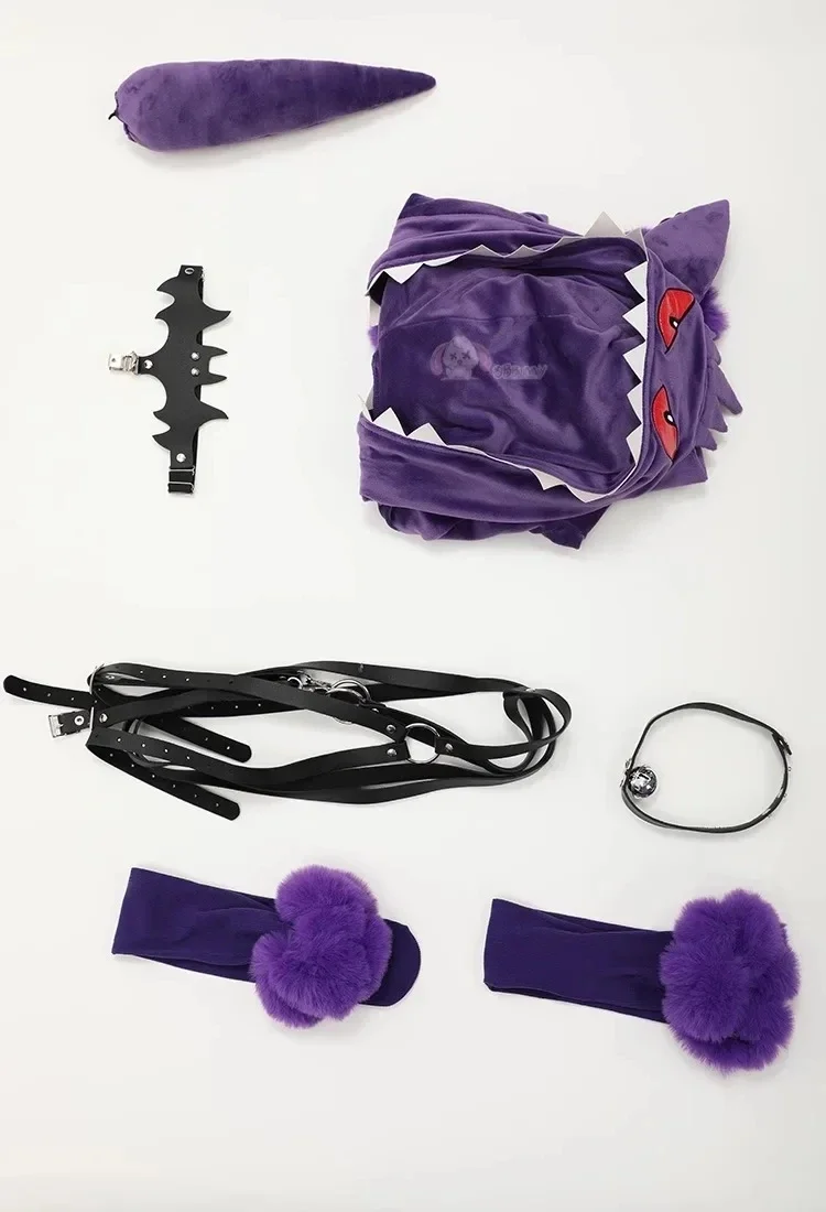 Costume de Cosplay Violet Fantôme pour Femme, Barboteuse Sexy d'Halloween, Costume de Batterie, Capuche en Peluche, Chaussettes avec Ceinture et Queue