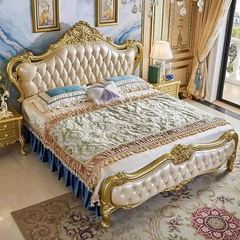 Luxury High End European Double Bed Frame Designer Nordic Sleeping Wood Bed Frames Queen Girl Safe Cama Furniture Set Bedroom