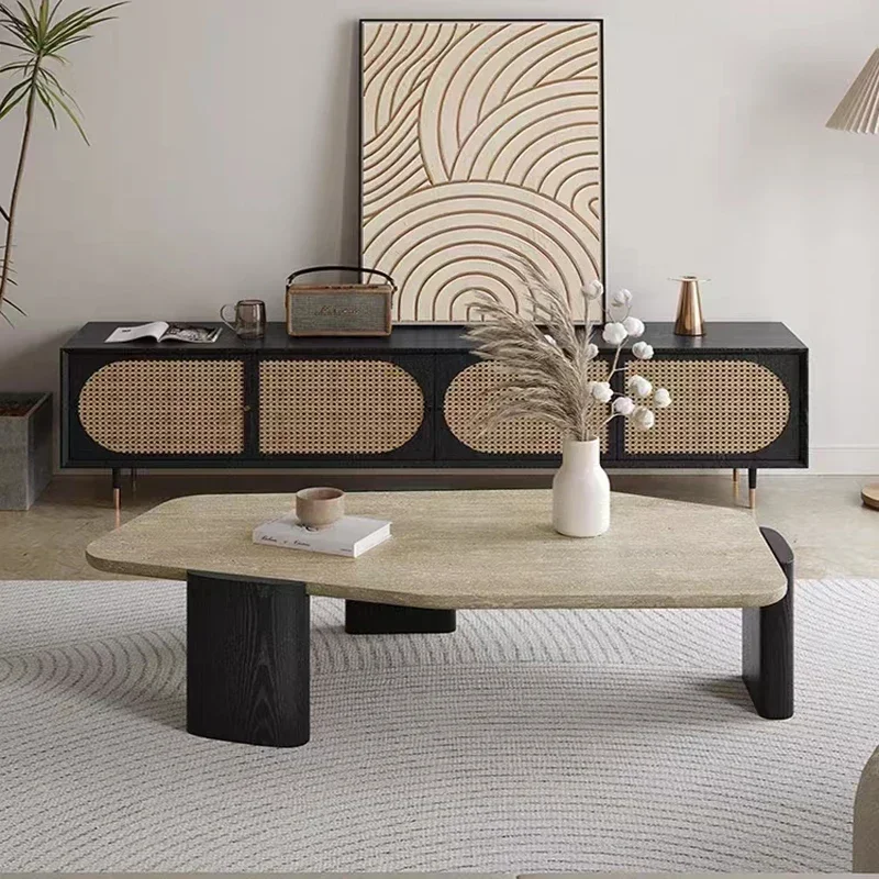 Wabi-sabi style, solid wood, coffee table, travertine stone, small apartment, living room, homestay, retro special-shaped marble
