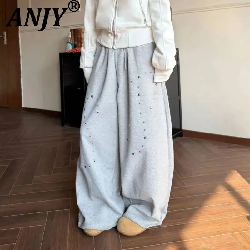 

ANJY Spring Autumn New Women American Style Waffle Rivet Design Wide-Leg Sweatpants Trendy Stylish Ins Loose Casual Pants A22940