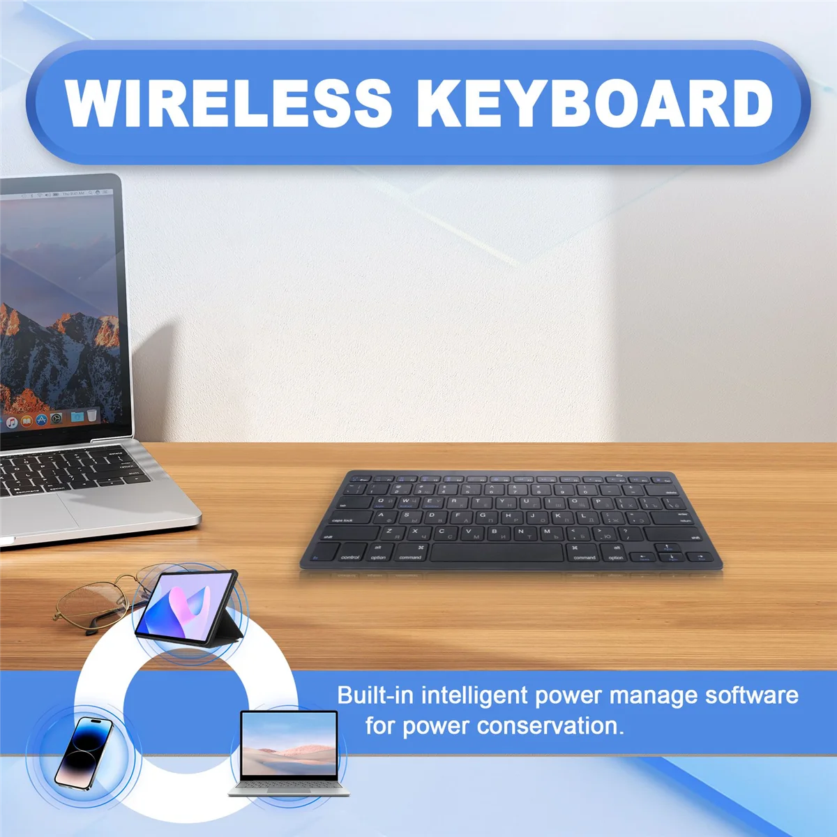 Teclado ruso popular Teclado Bluetooth inalámbrico ultrafino, para tableta/portátil IOS Android Windows -Negro