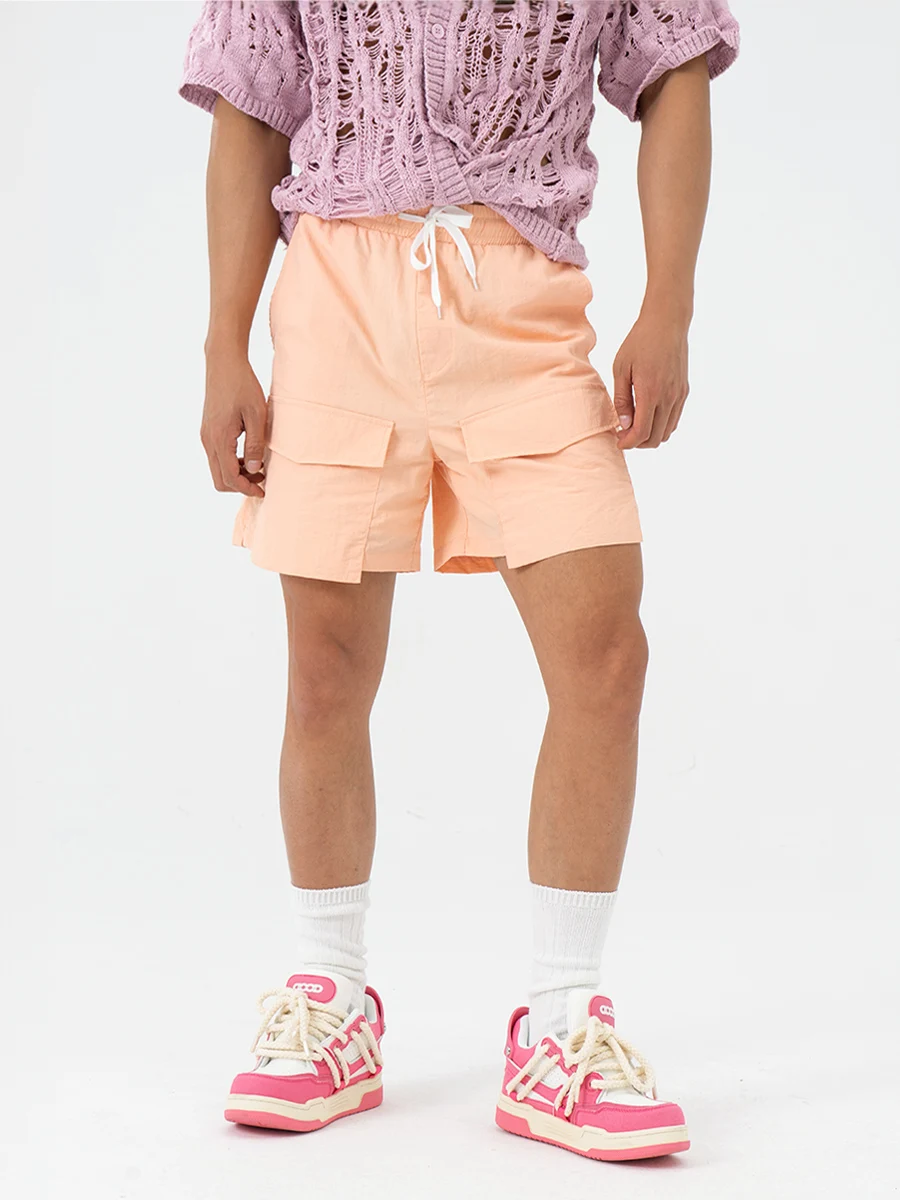 CLP Peach Pink Elastic Waist Drawstring Shorts Casual Beach Pants Three-Inch Crop Trendy Ins Multi-Pocket Youth Leisure Trousers