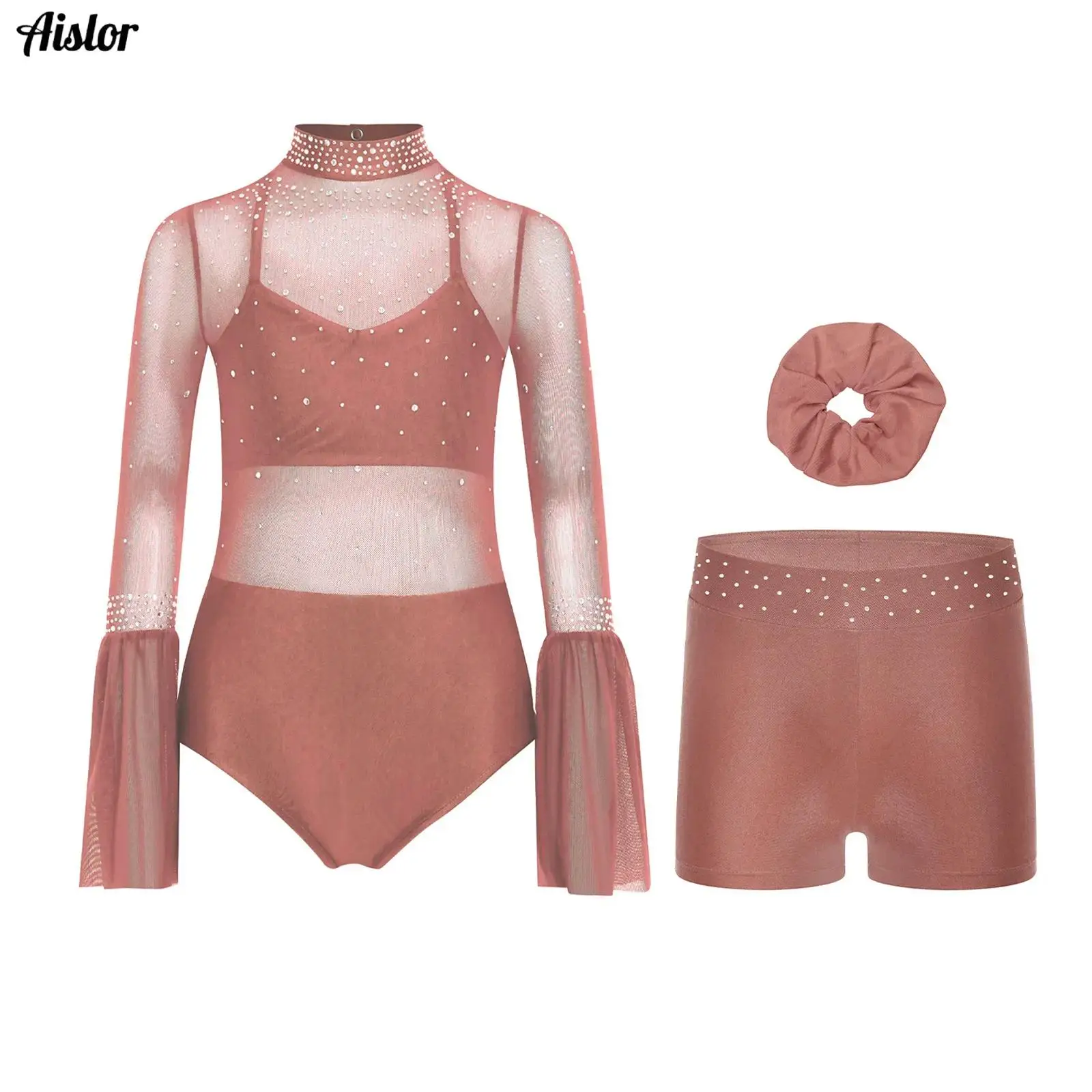 Kids Girls Gymnastics Figure Skating Dance Outfit Flare Sleeve Sheer Mesh Patchwork Sparkly Rhinestone Leotard+Shorts+Headwear