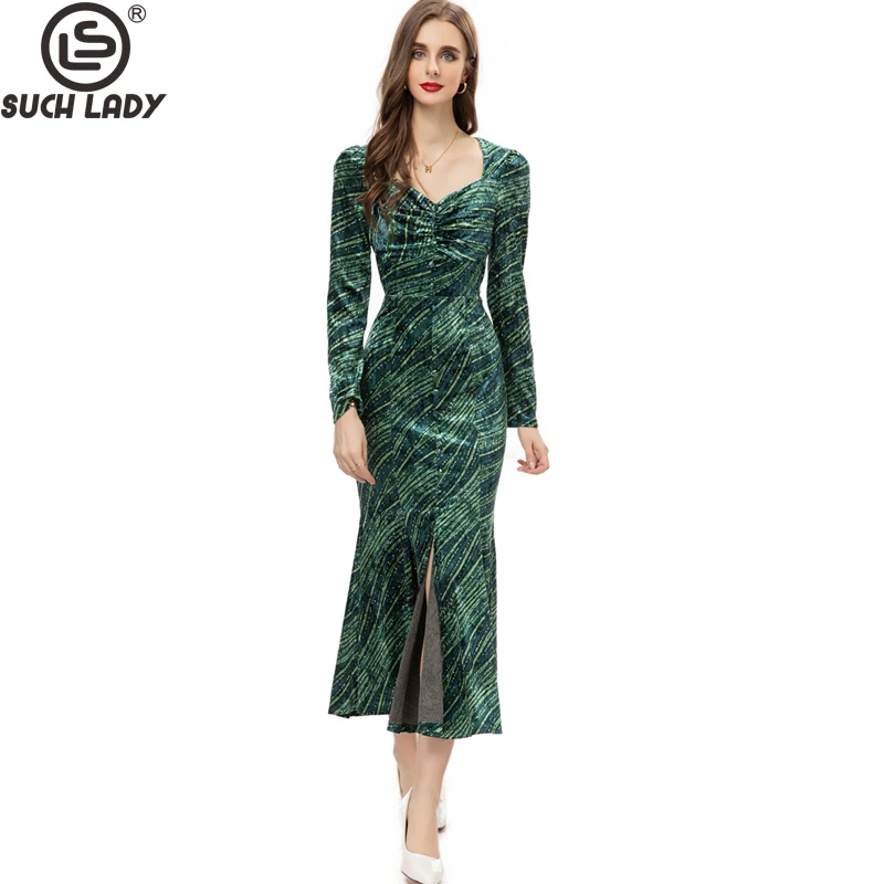 

Women's Runway Dresses Sweetheart Long Sleeves Ruched Sexy Split Elegant Fashion Designer Mid Vestidos