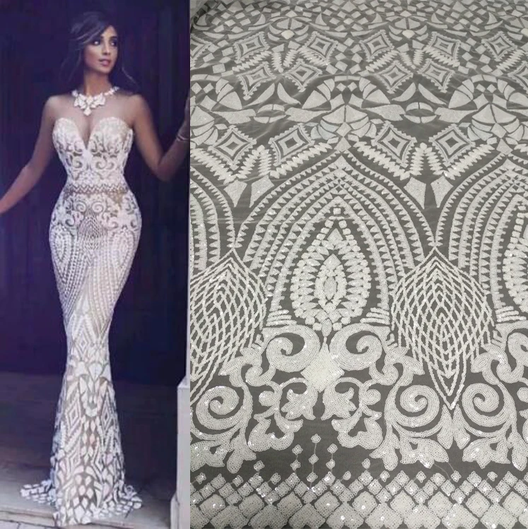 Off White African Lace Fabric 2023 High Quality Lace With Sequins Lace Fabric French Net Nigerian Lace Fabrics For Dress JL916