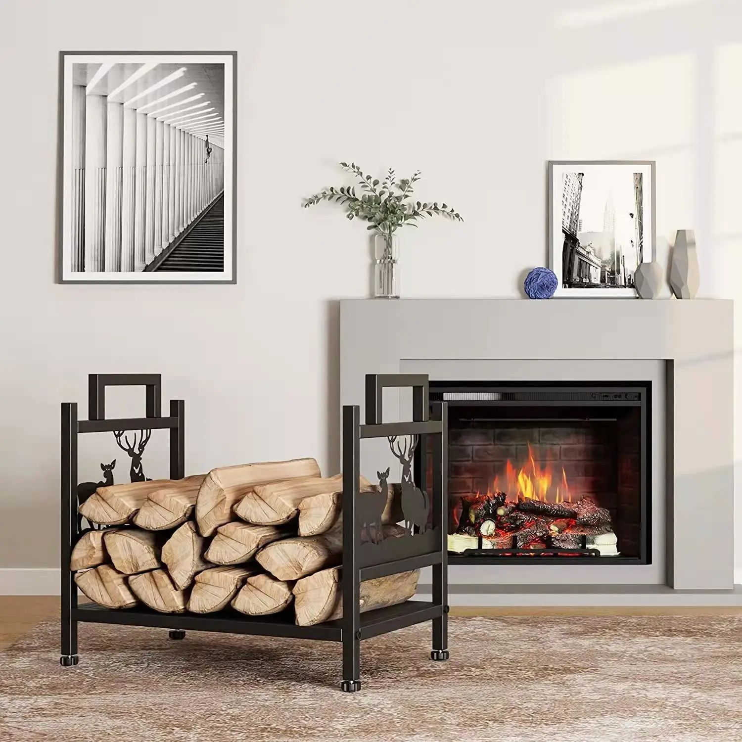 Double-Tier Indoor Storage Racks Metal Fireplace Tools and Firewood Sorting Brackets with Wooden Piles and Shelves