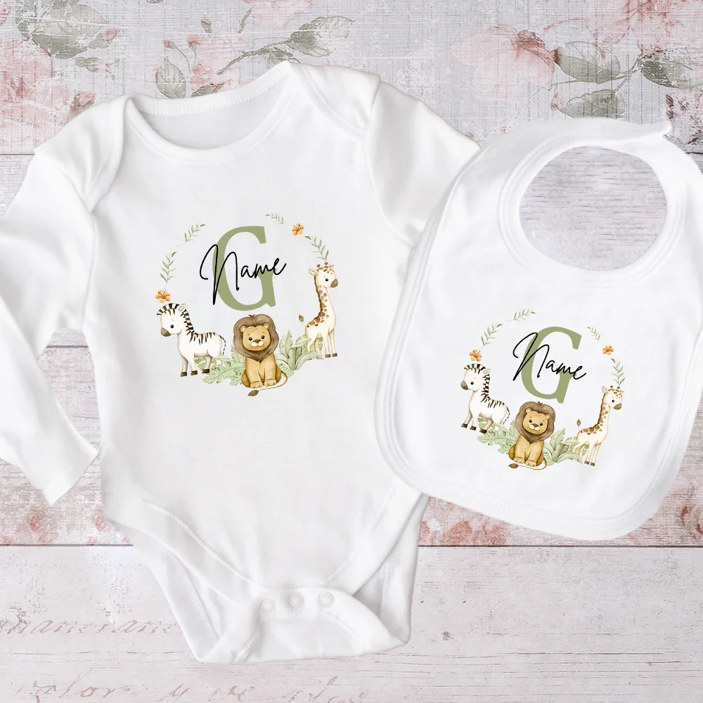 Personalized Matching Baby Bib & Romper 2PCS Animal Initial with Name Name Newborn Bibs Bodysuit Set Infant Birth Shower Gift