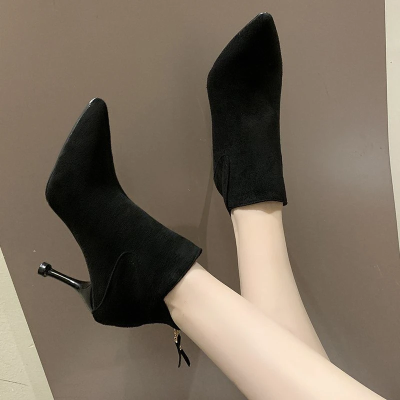 Autumn And Winter New Pointed Toe Thin-heeled Mid-heeled Boots High-heeled Lnternet Celebrity Versatile Short Suede Nude Boots