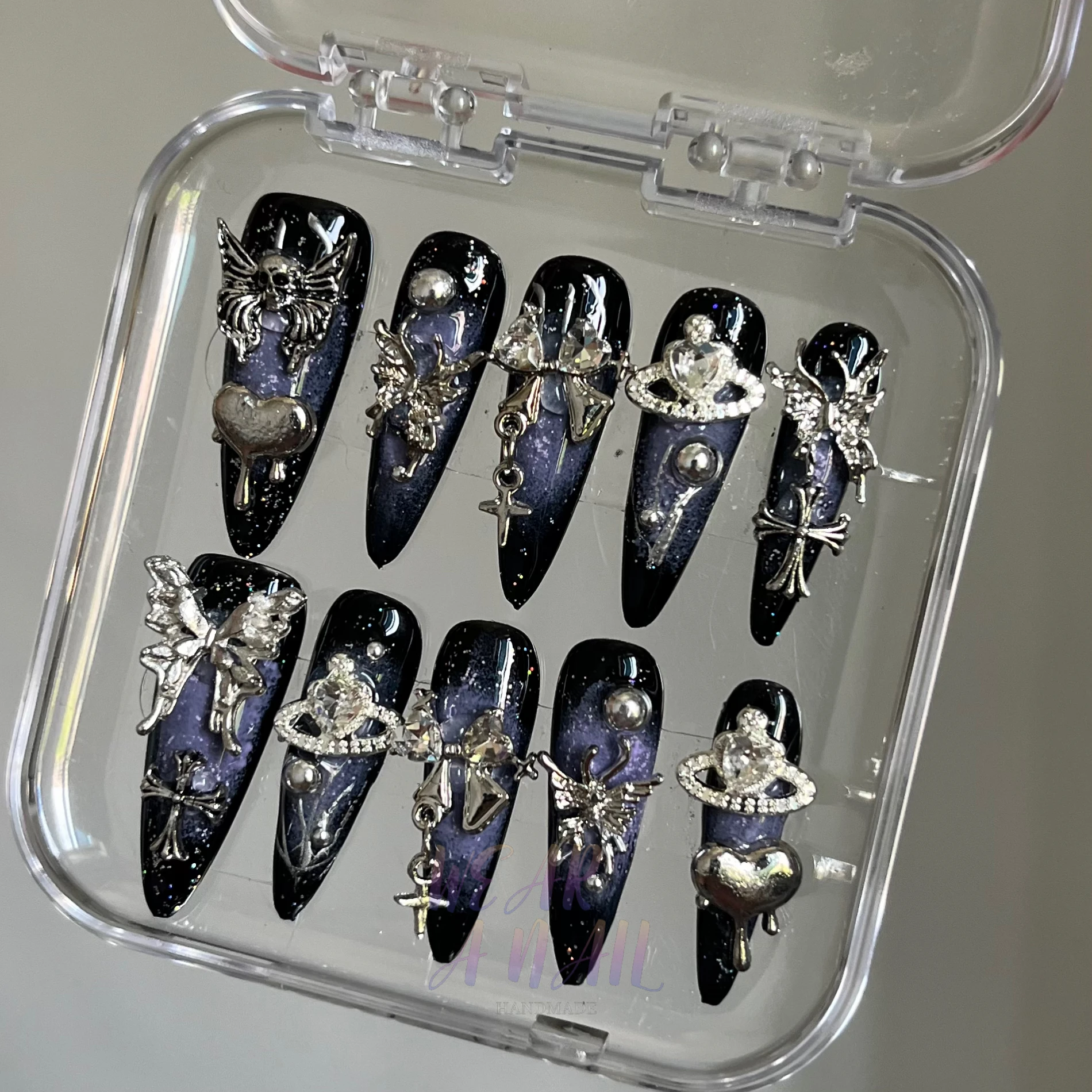 10pcs Handmade Press on Nails Blue 3D Butterfly Y2k Cool Girls False Nails Wearable Heavy Metal Crystal Decor Almond Charm Nails