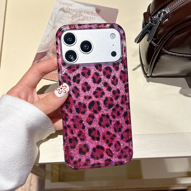 Ins Beliebte Glitzernde Rose Schwarze Leopardenmuster Hülle für iPhone 13 14 15 16 17 18 Pro Max Stoßfeste Harte IMD Rückseite – Detail 17