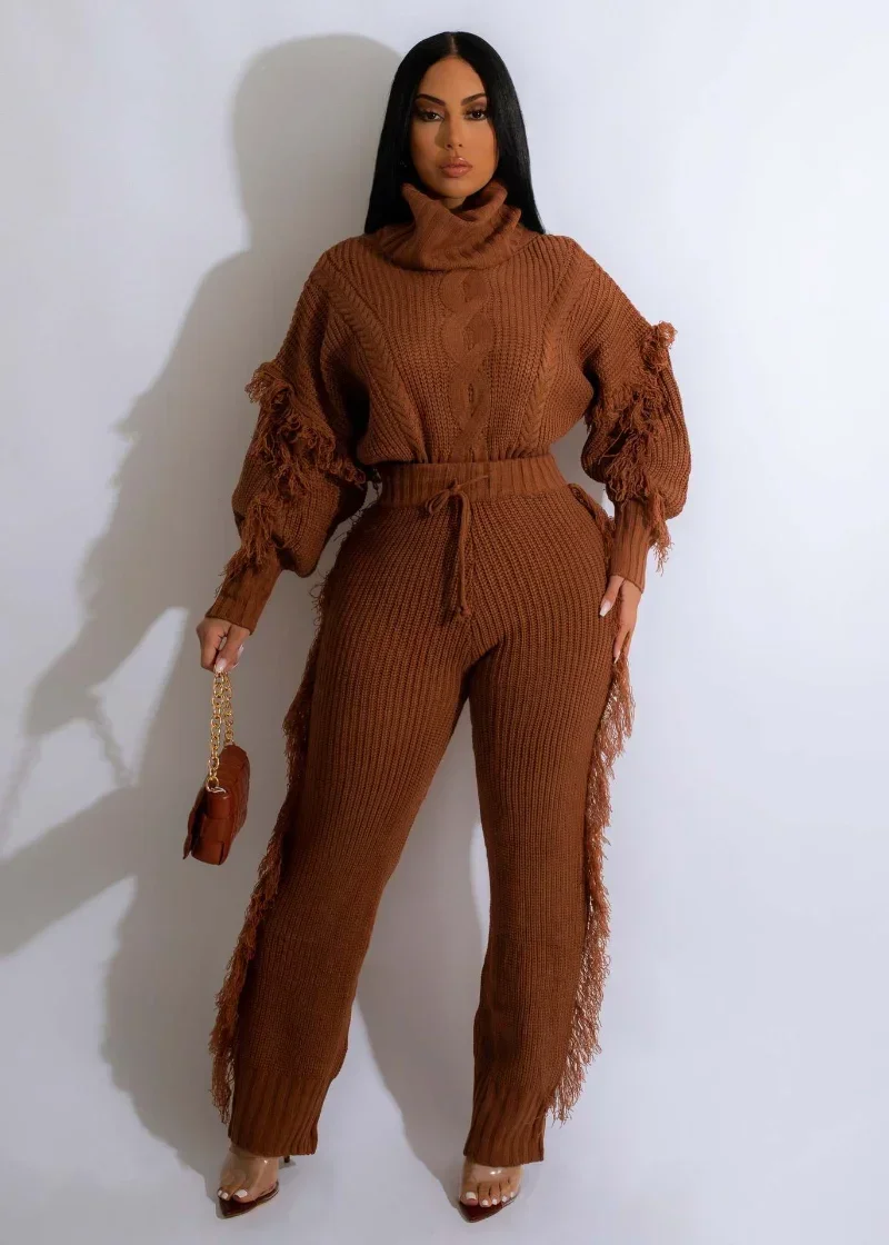 

KEXU Knit Rib Women Tracksuit Tassel Sleeve Turtleneck Sweater and Tassel Side Pants Suit Two 2 Piece Set Casual Street Outfits