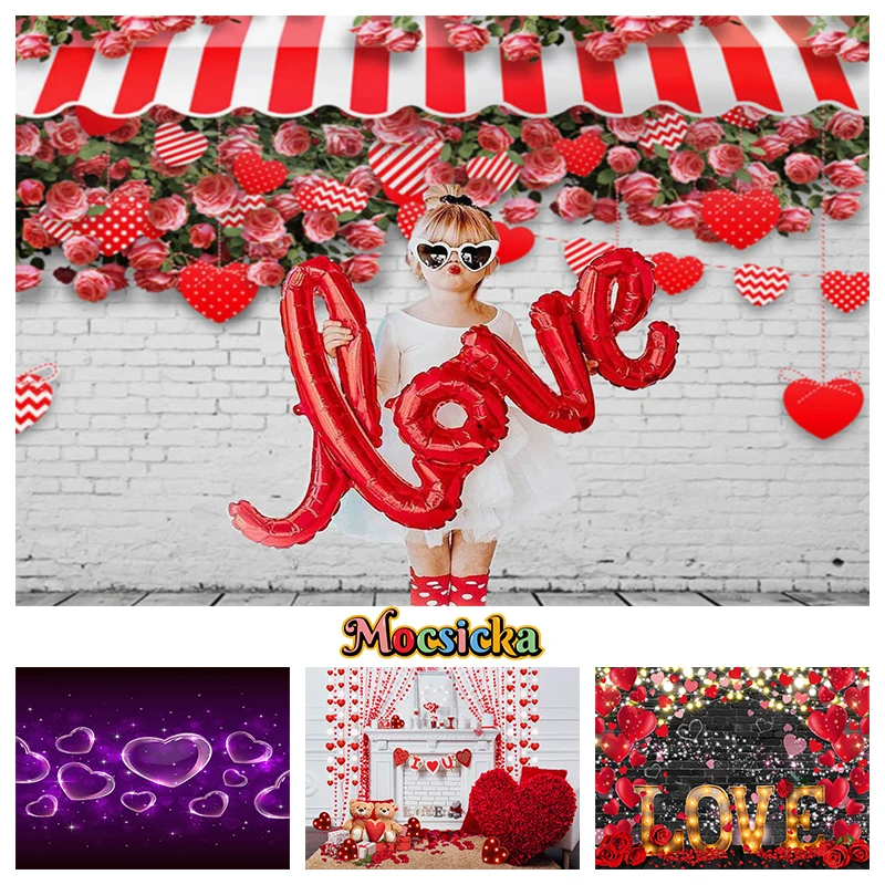 Mocsicka Valentine's Day Background Photography Romantic Love Rose Flower Wall Red Heart Wedding Backdrop Boy Girl Photo Studio