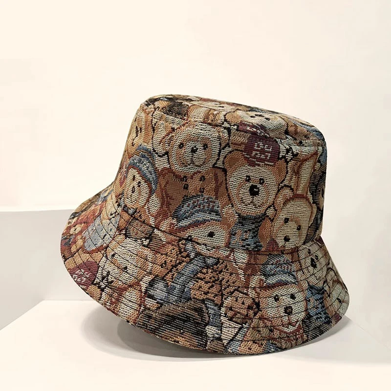 Cute Bear Print Bucket Hat Summer Outdoor Sports Travel Beach Fishing Sun Hat Unisex Adjustable Bucket Cap