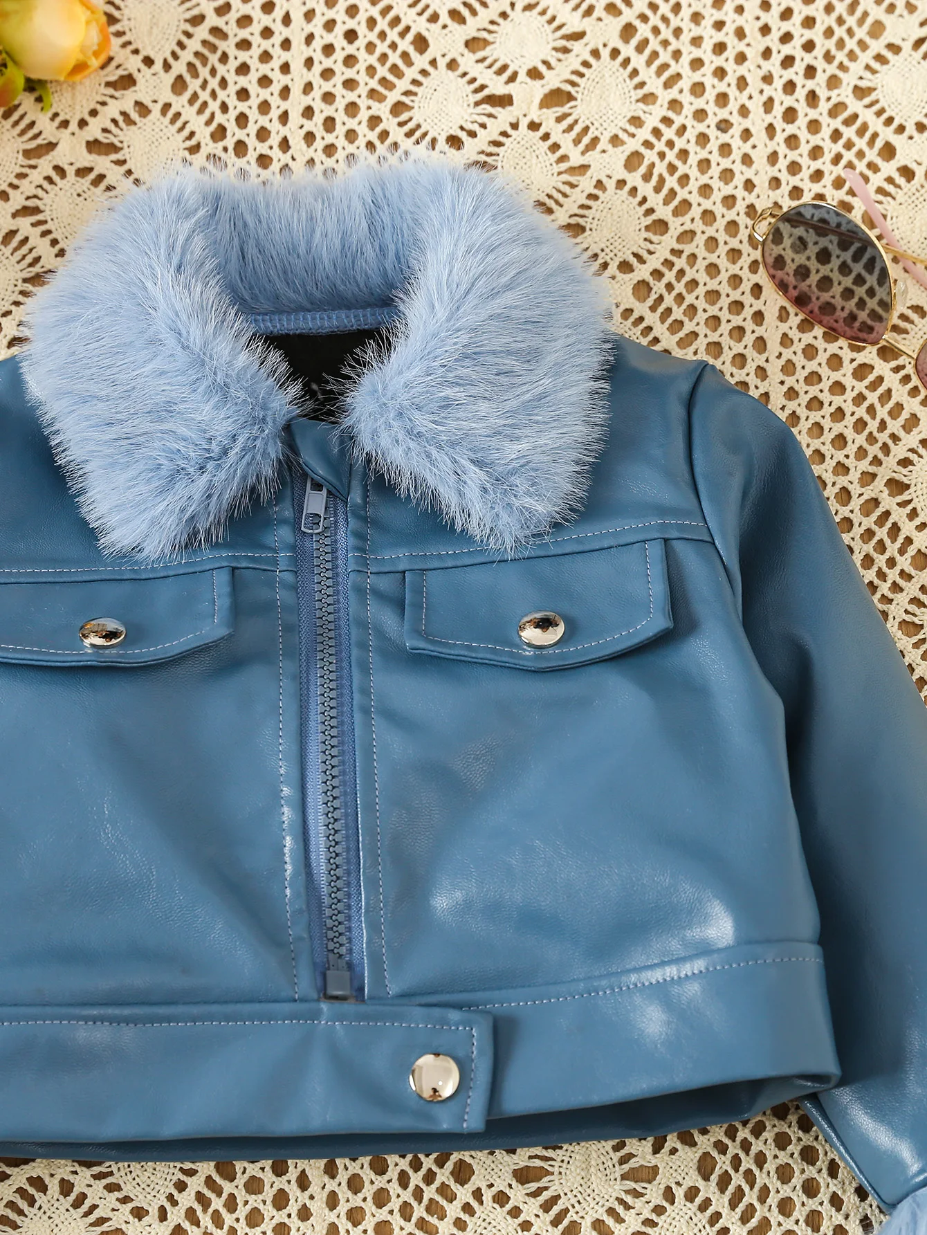 Autumn And Winter Furry Lapel Cuff Short Jacket Children Cool PU Leather Coat OOTD For Girls