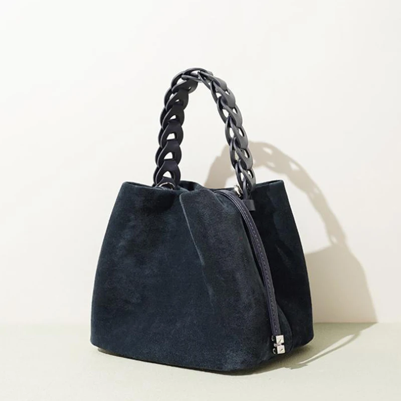 

High-end Leather Basket Shoulder Bag Brand Woven Handle Handbag Creative Drawstring Design Open Bag Women Suede Crossbody Bag