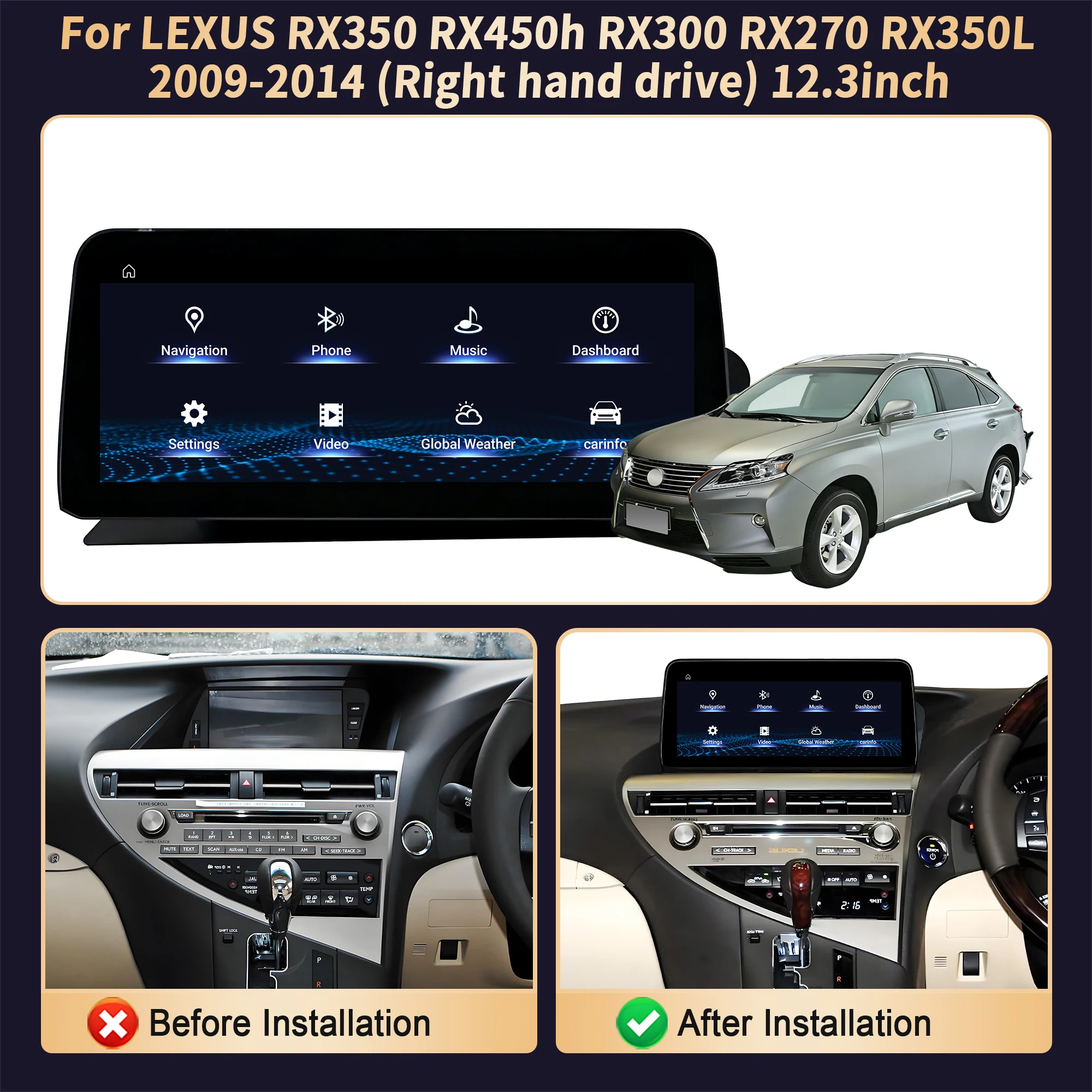 12.3'' Right Hand Drive For LEXUS RX350 RX450h RX300 RX270 RX350L 2009-2014 Car Radio Android 14 Snapdragon 685 Carplay Screen