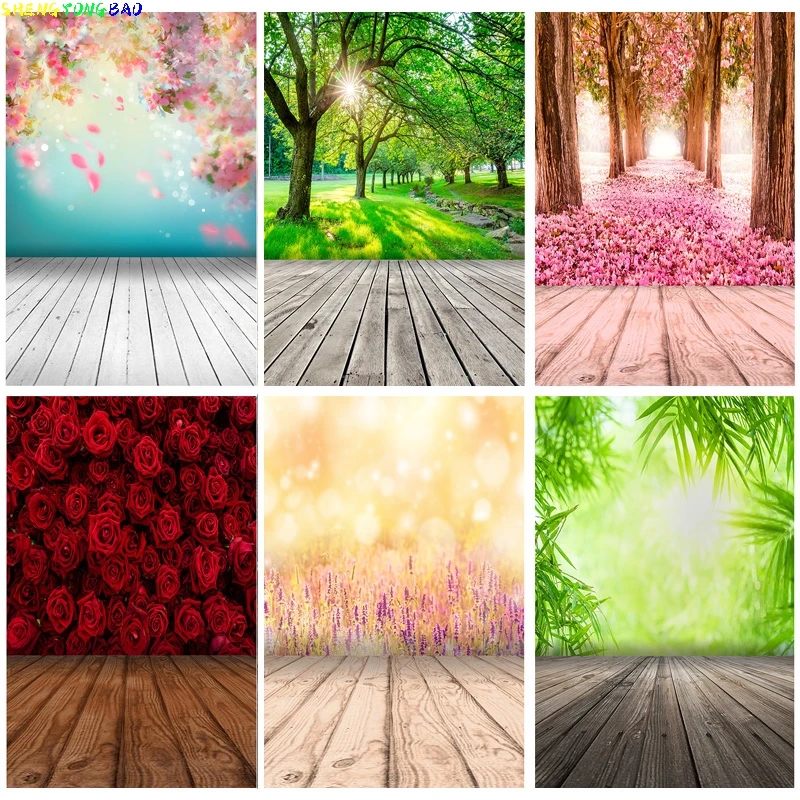 

Vinyl Custom Spring Forest Wooden Floor Photography Backgrounds Sky Sea Scenery Baby Photo Backdrops Studio FGM-01