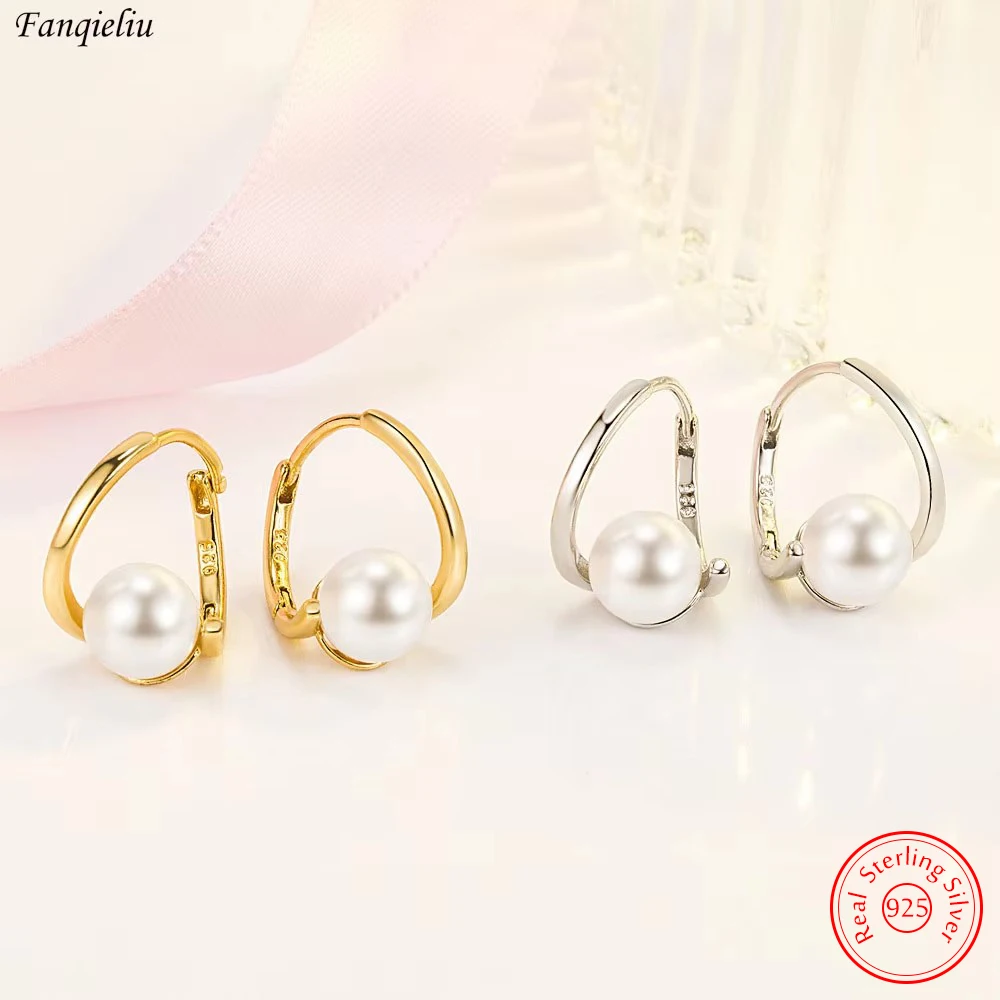

Original New Solid 925 Sterling Silver Jewelry Pearl Hoop Earrings For Women FQL23015
