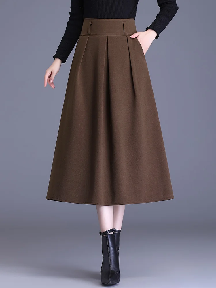 High Quality New A Line Skirt Women 2022 Fall Winter Pockets Black Brown Wool High Waist S-3XL Size Pleated Skirt Female 3042