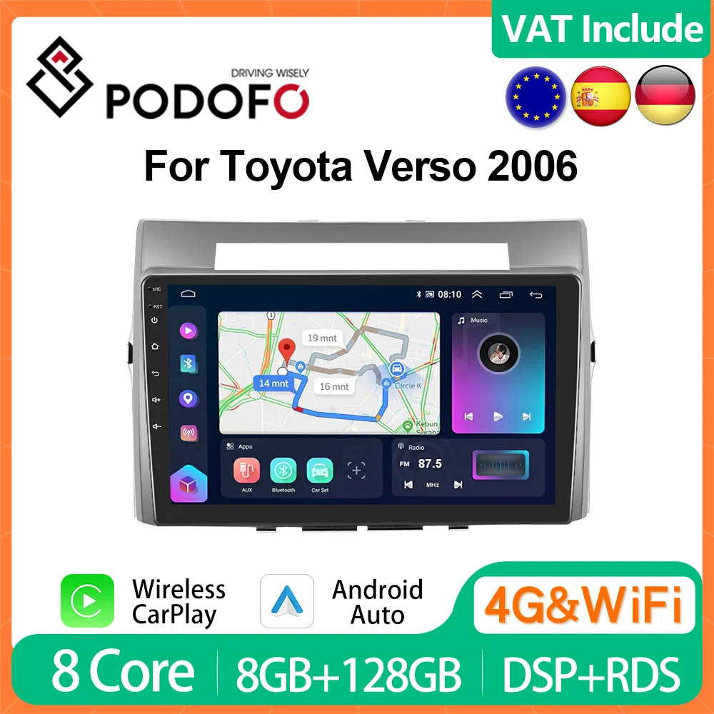 Podofo 4G CarPlay Android Radio For Toyota Verso 2006 Car Multimedia Player 2din GPS Stereo Head Unit Ai Voice Autoradio IPS RDS