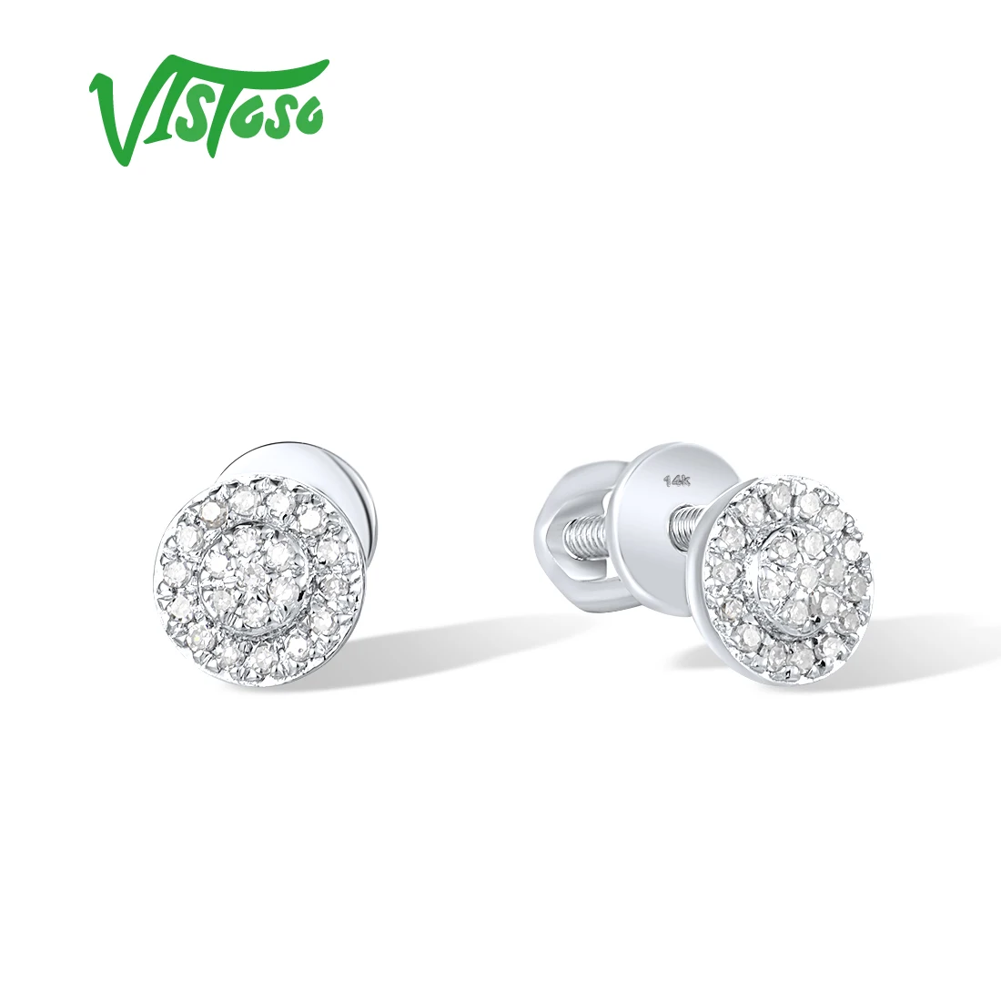 VISTOSO Genuine 14K 585 White Gold Stud Earrings For Women Sparkling Diamond Exquisite Simple Wedding Gifts Classic Fine Jewelry