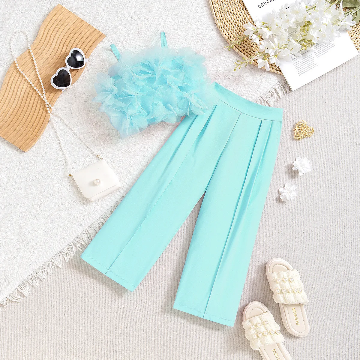 

Prowow Children Clothing Summer Suit For Girls Lace Mesh Layered Top and Blazer Pants 2pcs Kids 2025 Clothes Girls Outfit Sets