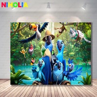 New Rio 2 Blue Parrot Blu Backdrop For Kids Happy Birthday Jewel Bird Hawaii Tropica Sky Background  Baby Shower Photocall Props