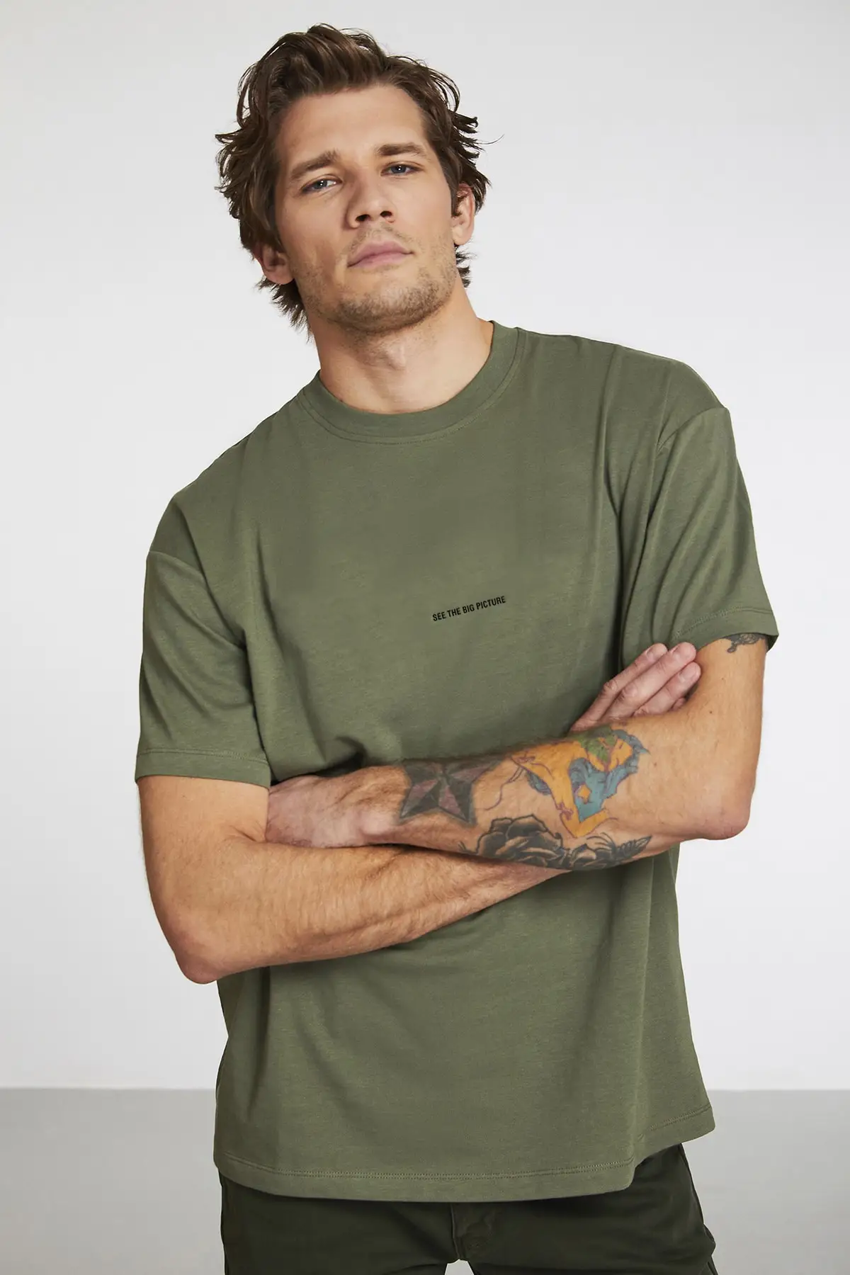 Rıver Male Khaki Color Fronting Writing Embroideried Short Sleeve Oversize T-shirt Custom Camouflage Green Oversize Casual T-shirt