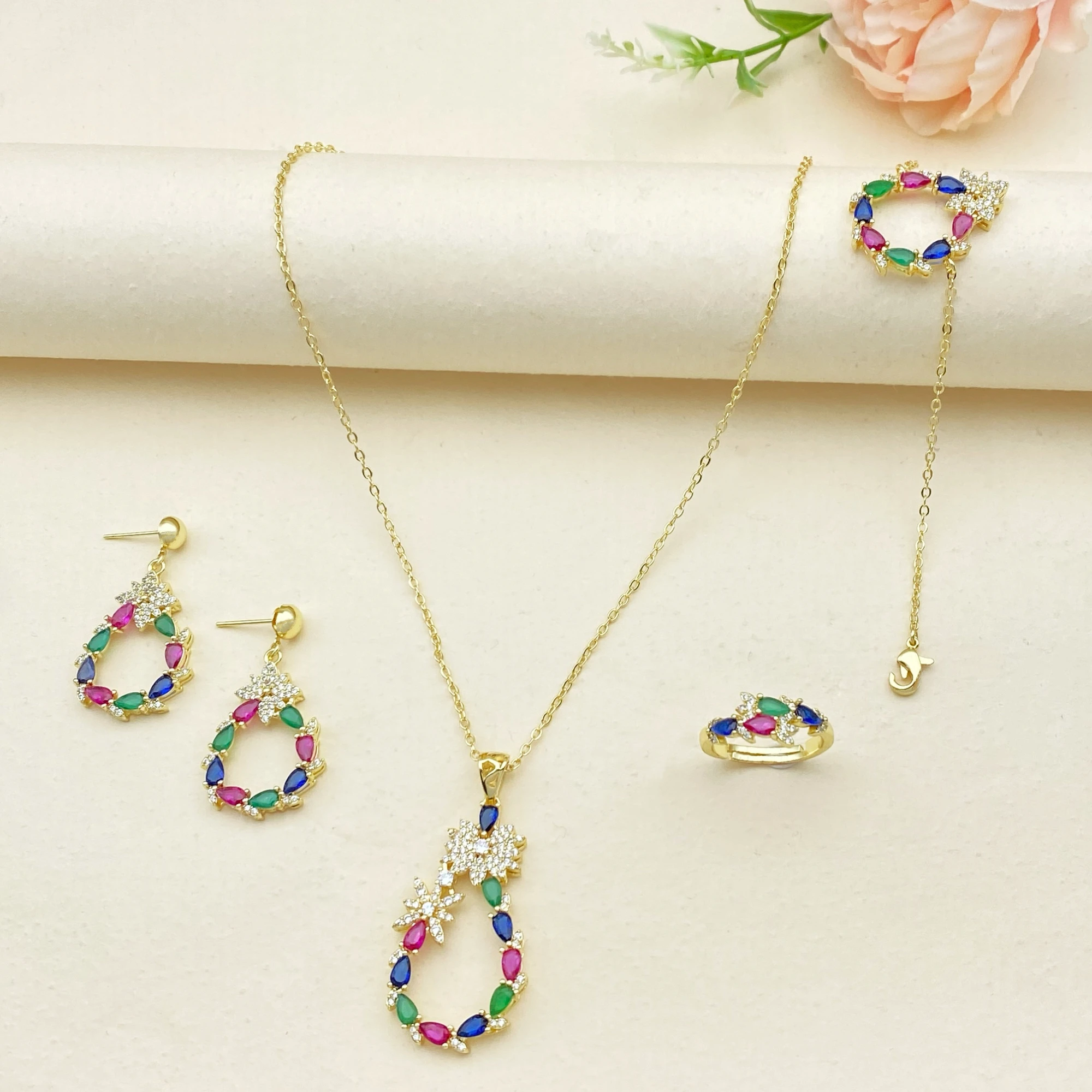 

Элегантный ювелирный набор Falair для подарка на день рождения: позолоченные медные украшения с цирконами – браслет, кольцо, ожерелье, серьги для нее