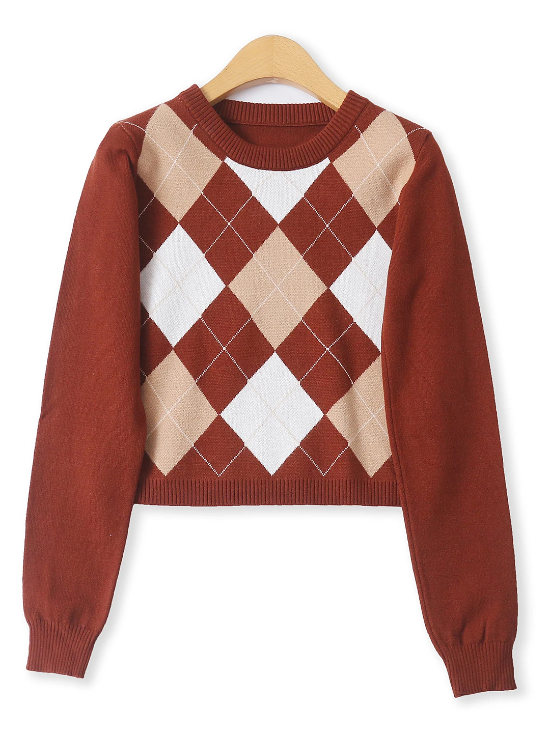 Suéter de Punto con Bloques de Color y Patrón de Diamantes, Cuello Redondo, Alta Elasticidad, Ajuste Deado, Manga Larga, Mo...