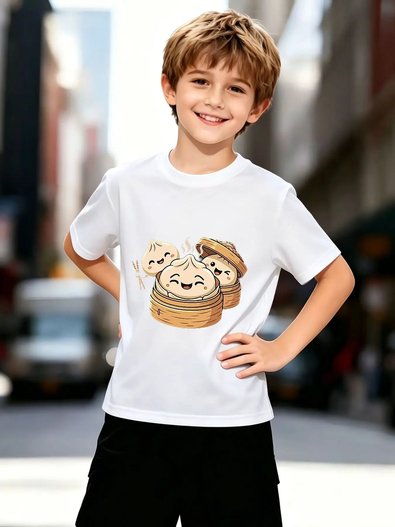 Cute Steamed Dumplings Bamboo Steamer Food Cartoon Art Graphic Print Family Matching Short Sleeve Tee Boys Girls Kids Casual Top