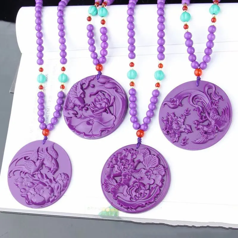

Natural Purple Phosphosiderite Round Pendant Necklace Women Men Phoenix Bird Flower Phosphosiderite 48x48mm AAAAAA