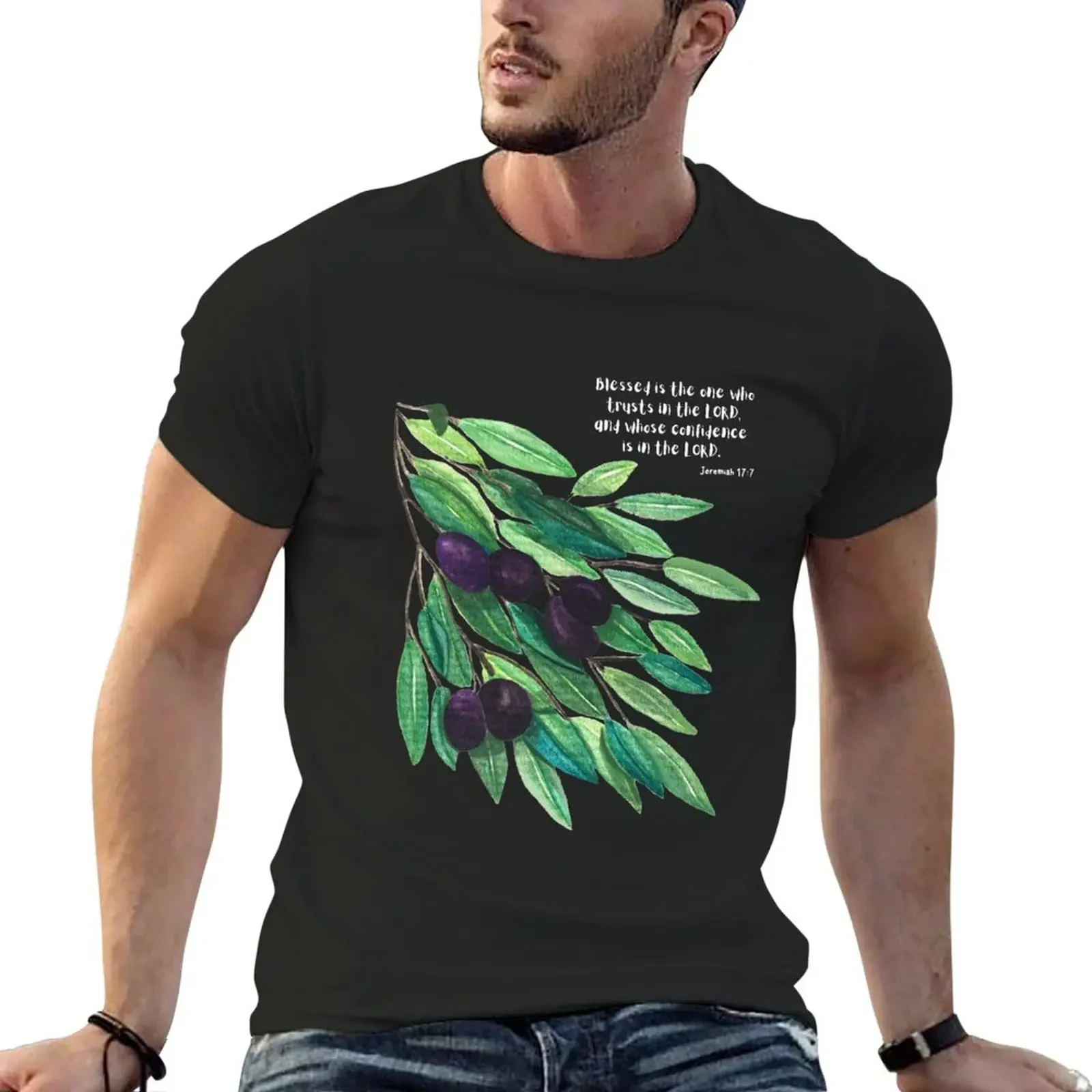 

Scripture Inspired Watercolor Olive Branch - Jeremiah 17:7 T-Shirt plain quick-drying big and tall t shirts for men