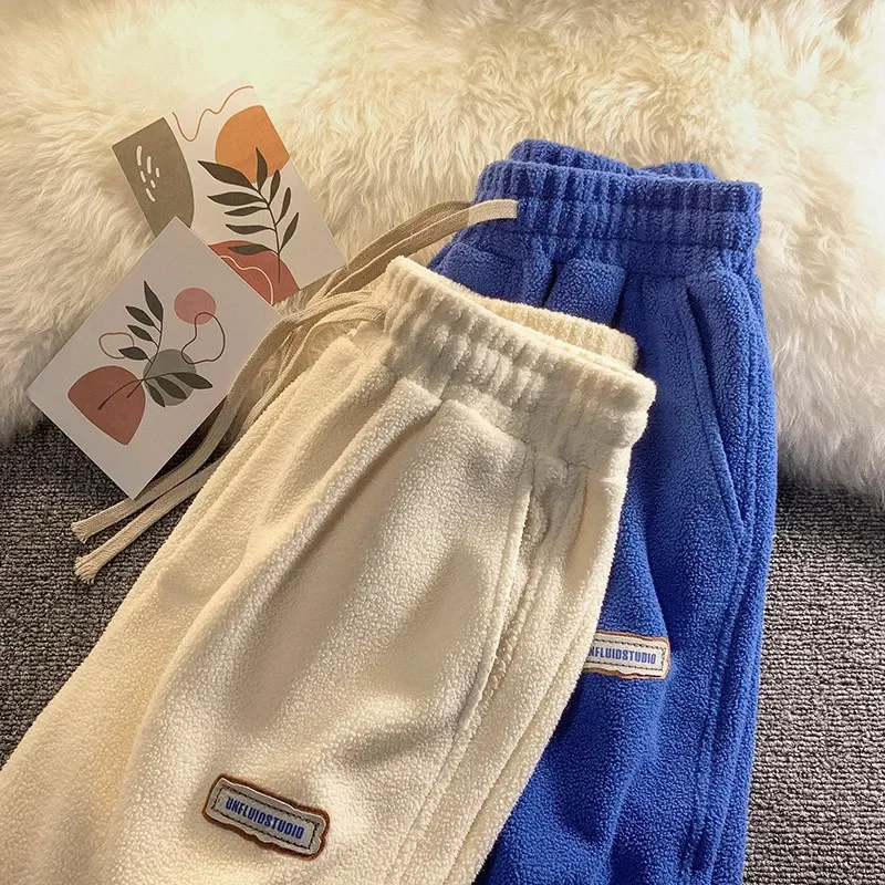 

2023 Women Winter Fleece Thick Lamb Wool Trousers Outer Wear Thermal High Waist Sweatpants Warm Slim Soft Velvet Female Pants