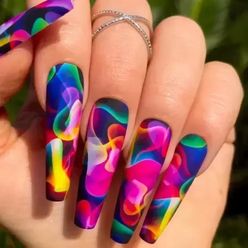 24Pcs Wearable Colorful Butterfly Designs French Press on Nails Long Ballet False Nails with Rhinestone Acrylic Fake Nails Tips